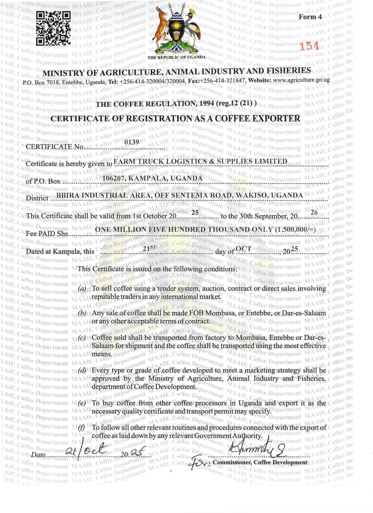 Farm Truck export licence document