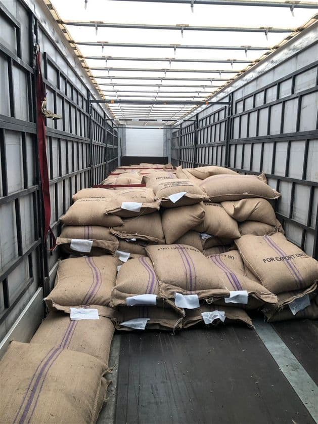 Coffee bags loaded onto transport trailer